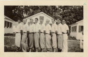 Camp Schonthal Counselors 1928- L to R: Brab, Beeker, Levinstein, Goldsmith, Cohen, Goodman, Levy, Schecter, Lakin. 