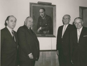 The 1964 Annual Hillel Awards dinner honored the memory of Edwin Schanfarber. Surrounding the painting of Mr. Schanfarber were: Leon Friedman, Hillel Board president; Sidney Kusworn, National B'nai B'rith secretary; Judge William Bryant, Franklin County Court of Appeals; Rabbi Harry Kaplan, Hillel director. (HT 8167-3) 
