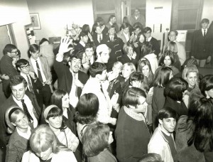 In February, 1968 UJFC held a campaign kick off at Hillel for their United Jewish Student Fund drive. Shown in this photo are: Barbara Stern, Jim Kippen, Sharon Son, Ellen Gettleman, Gary Miller, Marty Cohen, Rabbi Jerry Frankel, Alan Stopek, Linda Shafran, Sid Shafran, Phil Gross. 
